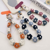 手机壳吊绳短款 手提手腕绳夹片式 新 ins旅游出行爬山拍照逛街时尚 珍珠吊坠毛线手工编织雏菊手机挂绳女款