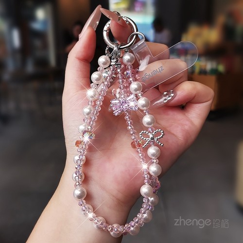珍珠手机链女手腕水晶挂件