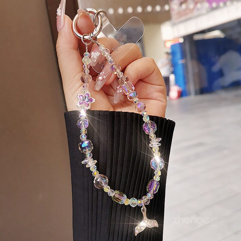 美人鱼水晶手机链ins风时尚女士手腕包挂件饰串珠钥匙扣精致高级感户外旅游行防丢套壳相机链子手机挂绳新品