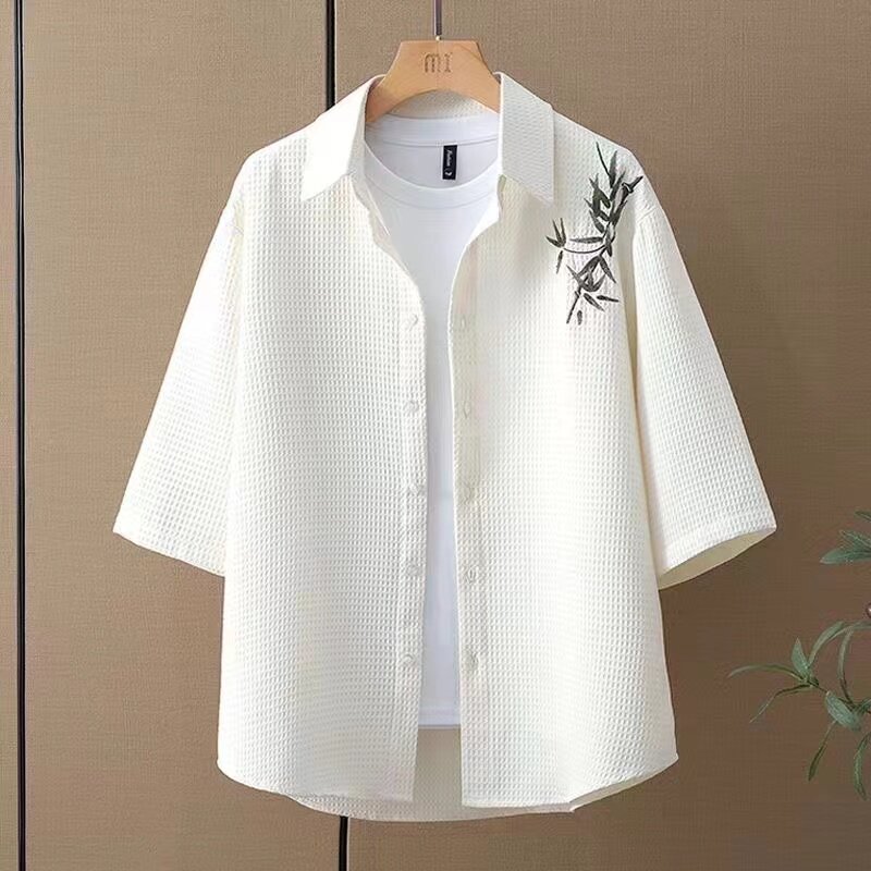SUMMER SUIT WAFFLE SHORT-SLEEVED SHIRT MENS SUIT BAMBOO LEAF EMBROIDERY FIVE-POINT PANTS LOOSE TRENDY TWO-PIECE SET
