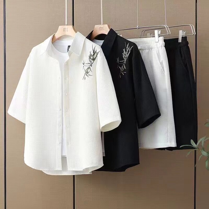 SUMMER SUIT WAFFLE SHORT-SLEEVED SHIRT MENS SUIT BAMBOO LEAF EMBROIDERY FIVE-POINT PANTS LOOSE TRENDY TWO-PIECE SET