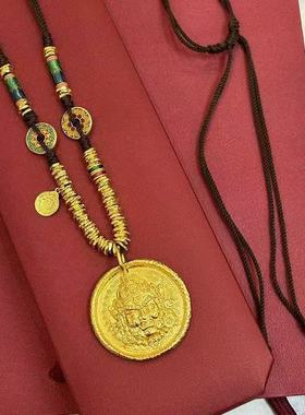 黄金色黄财神项链男女新款金色手工编织吊坠礼物送老婆显气质
