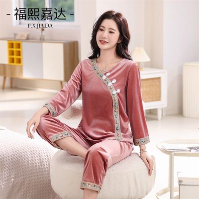 娘娘装金丝绒新中式国风家居服睡衣女大码宽松外穿居家两件套显瘦