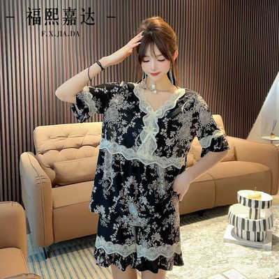 爆款家居服女年轻宽松大码奢华时尚洋气外出夏季冰丝凉爽睡衣套装