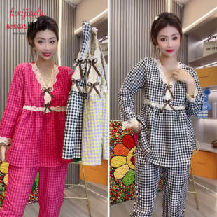 蕾丝拼接时尚 女睡衣泡菜格子V领长袖 洋气家居服两件套 秋季 新款