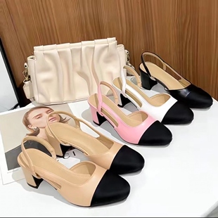 女2023年新款 高跟鞋 夏季 粗跟大码 中跟拼色法式 羊皮小香风包头凉鞋