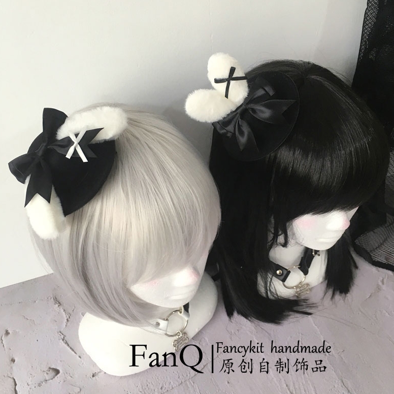 原创自制蝴蝶结兔耳少女礼帽头饰黑白耳朵发夹可爱迷你装饰帽子