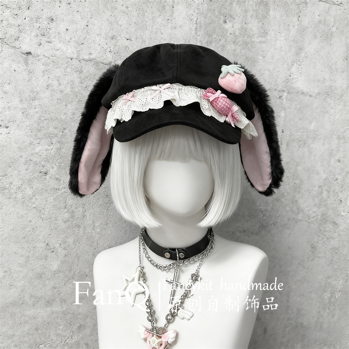 原创棕色草莓软萌小兔帽亚文化贝雷帽女可爱八角帽lolita