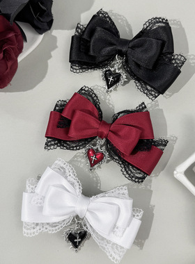 新款暗黑甜酷风爱心十字架蕾丝蝴蝶结发夹女时尚个性高级感发饰品