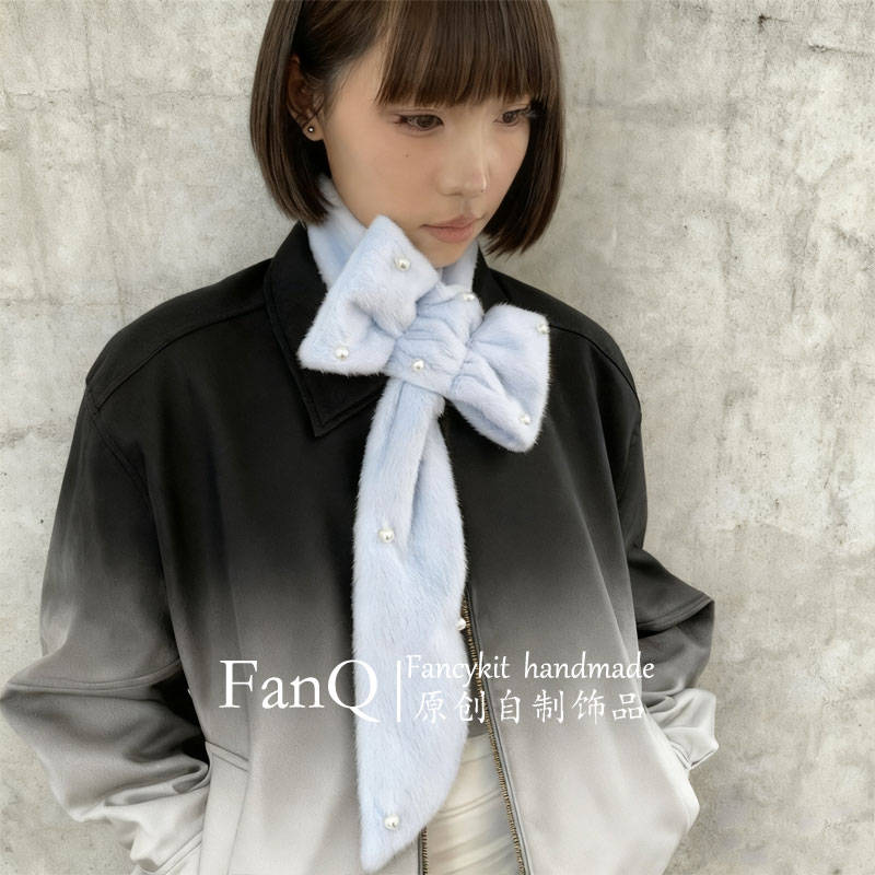 FQ千禧复古甜美蝴蝶结长围巾y2k亚文化仿兔毛珍珠围脖