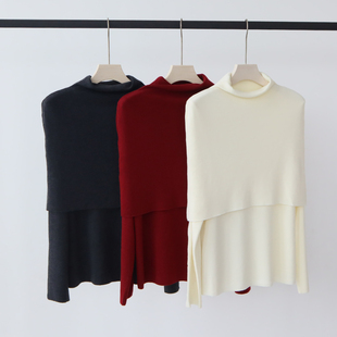 羊毛混纺秋季上衣女设计感小众披肩款式针织衫上衣女半高领打底衫