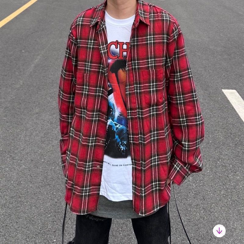 fog红格子衬衫高街抽绳红格子外套男夏季ins潮百搭痞帅衬衣高街