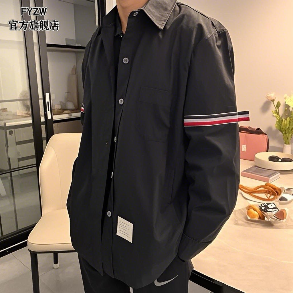 新款织带长袖衬衫春秋潮牌青年时尚休闲设计男女翻领衬衣外套