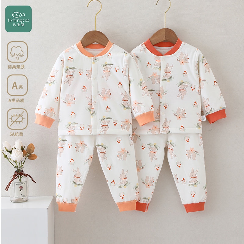 钓鱼猫宝宝保暖内衣套装秋冬高腰护肚秋衣秋裤新生婴儿夹棉2件套