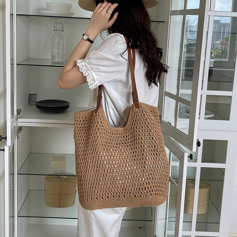 休闲单肩手提镂空大容量编织包