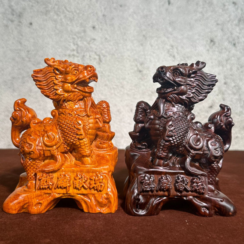 黑檀木雕麒麟摆件大号一对家居招