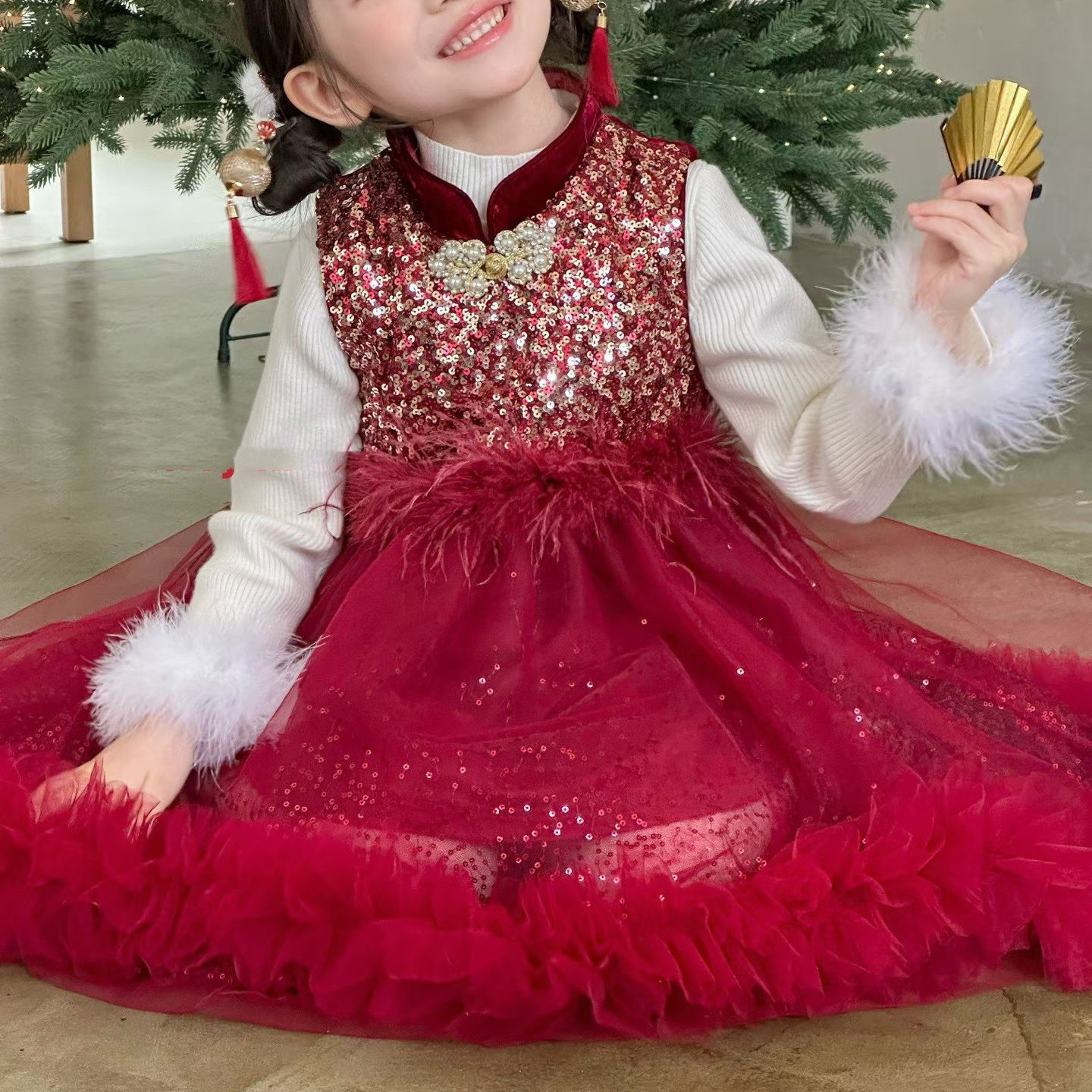 樱桃圣诞喜庆女童加绒连衣裙