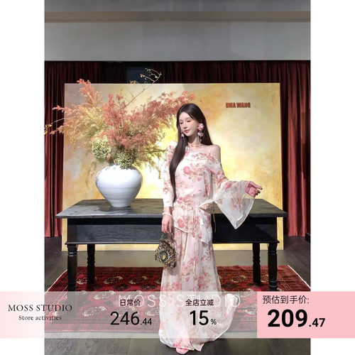 MOSS STUDIO【花影潇潇】新中式雪纺印花系带上衣+松紧休闲裤套装