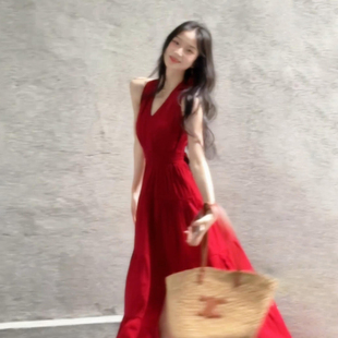 法式 绝美海边度假收腰A字长裙 无袖 复古v领挂脖红色连衣裙子女夏季