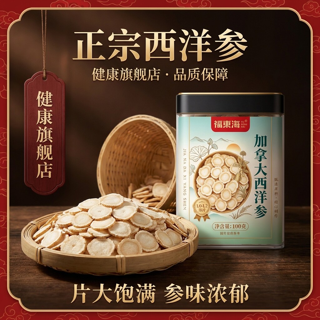 福东海加拿大西洋参100g大片高档煲汤参罐原装西洋参含片