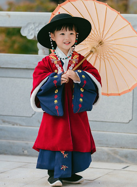 男童明制汉服加绒加厚喜庆红色拜年服中国风男宝宝搭护道袍大袖衫