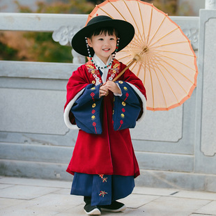 男童明制汉服加绒加厚喜庆红色拜年服中国风男宝宝搭护道袍大袖衫