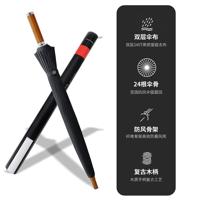 实木手柄长伞男士黑胶防风24骨木柄雨伞夏季德国品质抗风雨伞直柄
