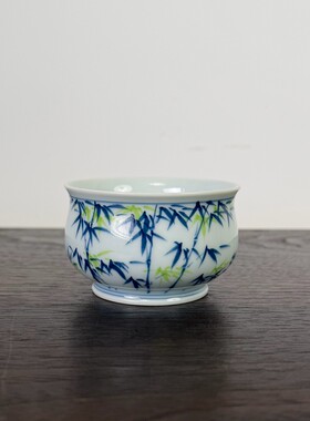 景德镇青花斗绿彩翠竹主人杯 手绘竹纹功夫品茗杯 文人喝茶单杯