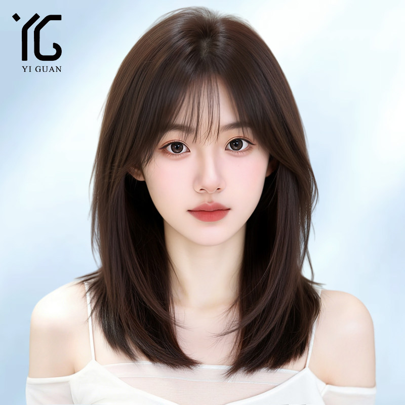 假发女中长发真发全真人发丝短发全头套自然锁骨发层次初恋假发套
