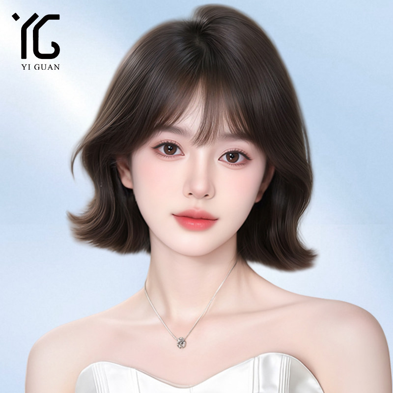假发女短发真发全头自然蕾丝减龄波波头光头专用微卷真人发丝头套