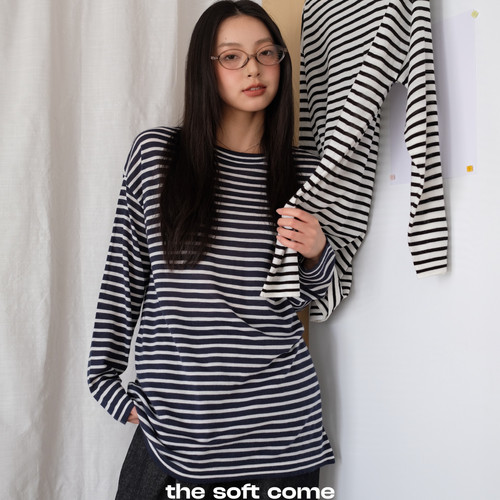 The soft come时髦松弛感羊毛混纺条纹衫秋冬套衫宽松轻薄针织T恤