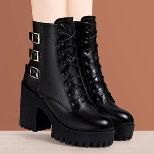 粗跟圆头马丁靴女2025秋冬新款大码加绒中筒靴防水台厚底高跟短靴