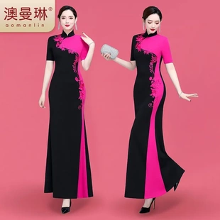 遮肉中国风走秀旗袍短袖 修身 舞蹈服 旗袍裙气质演出服长款 2025新款