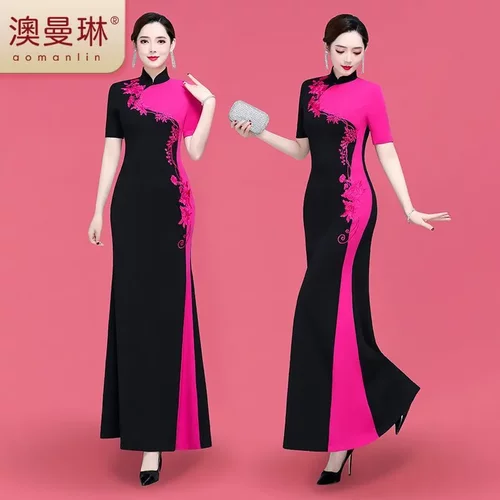 2025新款旗袍裙气质演出服长款修身遮肉中国风走秀旗袍短袖舞蹈服