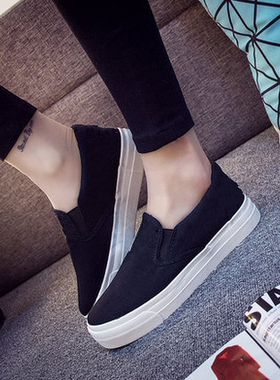 春秋季白色一脚蹬懒人鞋厚底板鞋学生平底布鞋休闲帆布鞋女鞋