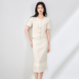 女2025夏季 百褶半裙两件套装 新款 短袖 时尚 名媛气质千金小香风套装