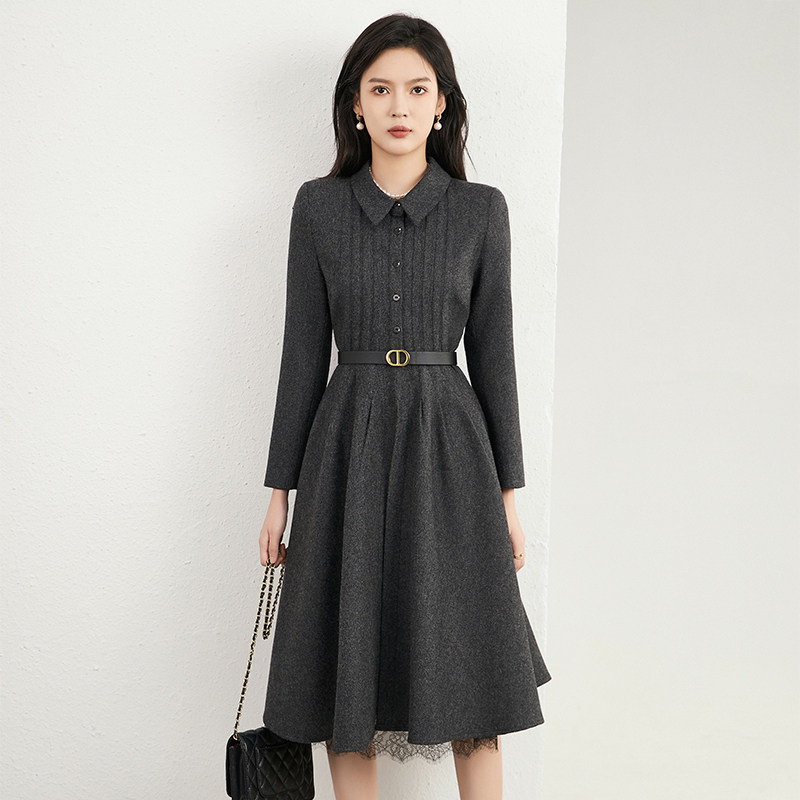 高端女装羊毛呢连衣裙女2025秋装新款POLO领系带显瘦大摆中长裙子