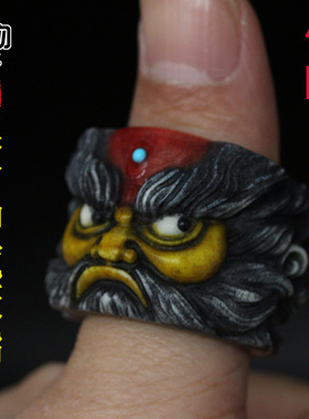 天然鹿角雕刻钟馗扳指根付上色指环镶嵌款手把件