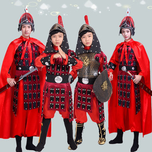 儿童古装 古代士兵盔甲演出服花木兰舞蹈戏曲岳飞将军战袍表演服装