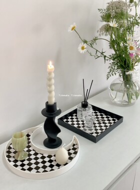 摆设装饰黑白棋盘格香薰收纳托盘