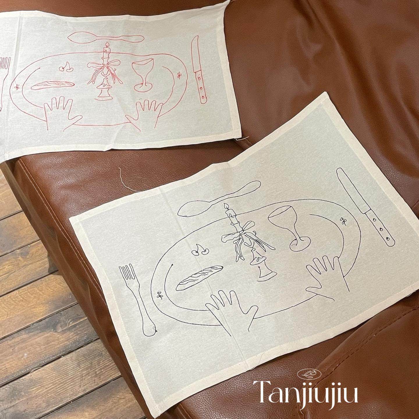 TJJ丨北欧ins风素色刺绣线条画餐巾布餐垫拍照背景布简约创意布艺