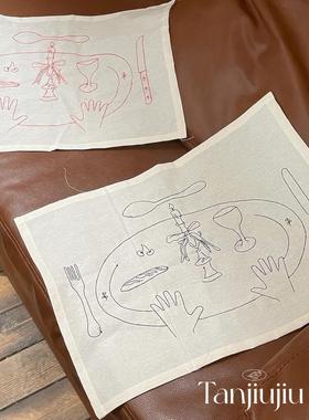 TJJ丨北欧ins风素色刺绣线条画餐巾布餐垫拍照背景布简约创意布艺