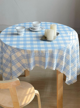 TJJ丨ins奶蓝色格纹桌布韩式盖布餐厅书桌床头柜宿舍拍照背景布