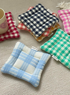 TJJ丨自制ins风格纹夹棉杯垫多色格子方形隔热垫桌面装饰饰品垫