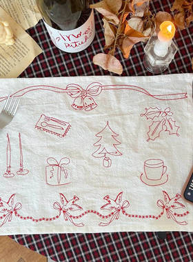 TJJ丨ins圣诞树餐垫布chic纯棉红色线条画刺绣餐巾拍摄背景布