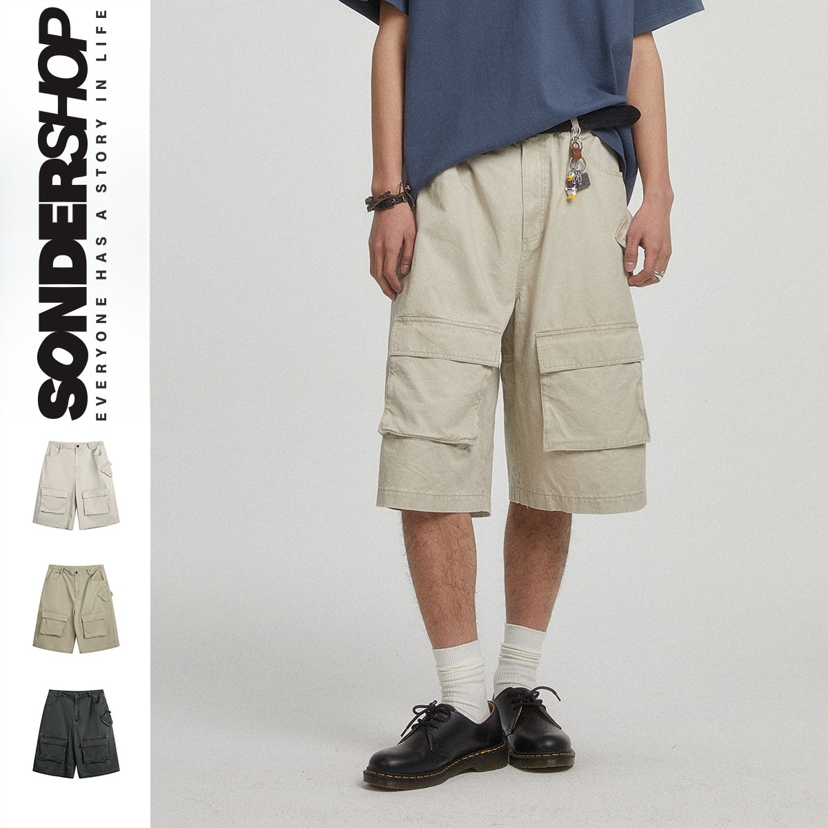 SONDER SHOP 夏季新款复古日系大口袋工装短裤男全棉宽松