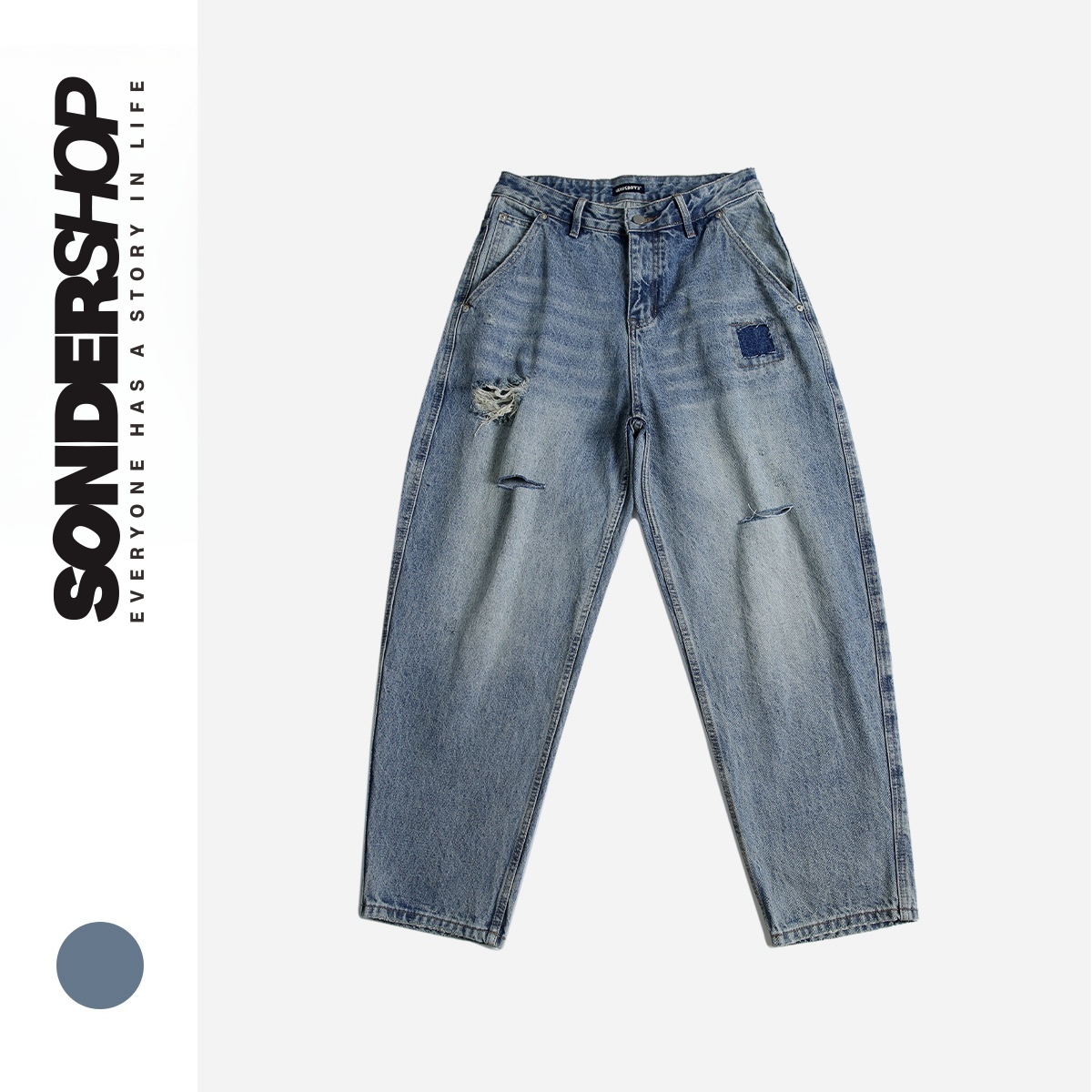 SONDER SHOP 复古破洞水洗刀割补丁牛仔裤男痞帅宽松微锥直筒长裤