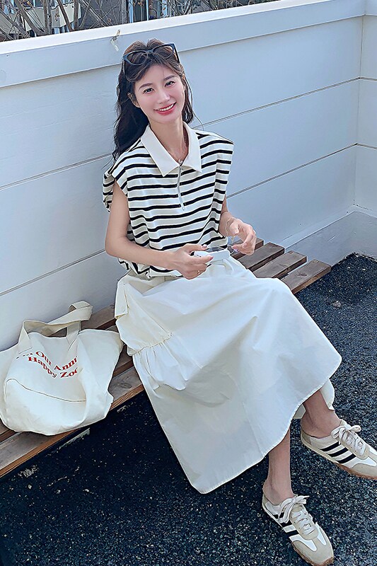休闲条纹无袖T恤半身裙套装女夏2025新款两件套时尚洋气减龄爆款,女装套装/套裙,2C263