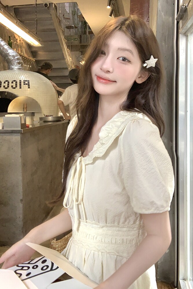 法式白色连衣裙女气质显瘦艺术生2025夏季新款温柔风娃娃领长裙,女装连衣裙,2C263