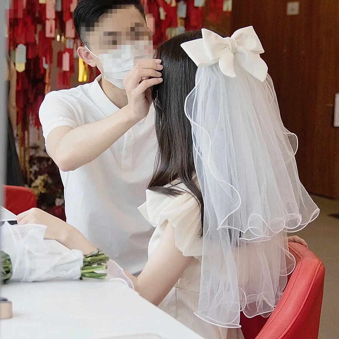 艳莲大蝴蝶结领证头纱